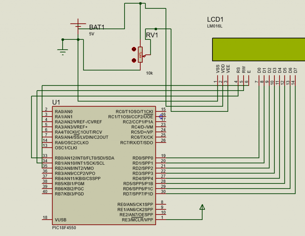 circuit diagram of LCD interfacing with PIC microcontroller