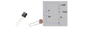 Temperature sensor (LM35), Light sensor (LDR) and circuit (voltage divider) for LDR