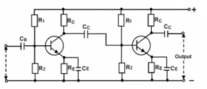 common emitter RC coupled amplifier using NPN transistors
