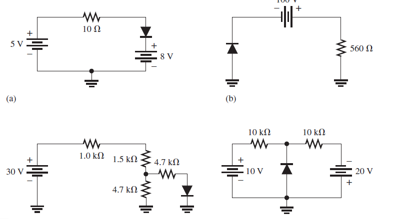 5. Determine whether each silicon diode in Figure 2–92 is forward-biased or reverse-biased.6. Determine the voltage across each diode in Figure 2–92, assuming the practical model. 7. Determine the voltage across each diode in Figure 2–92, assuming an ideal diode. 8. Determine the voltage across each diode in Figure 2–92, using the complete diode model with