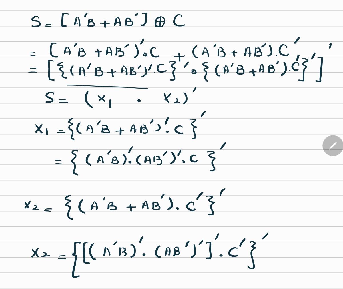 Derivation of Sum of Full Adder Using NAND Gates Only